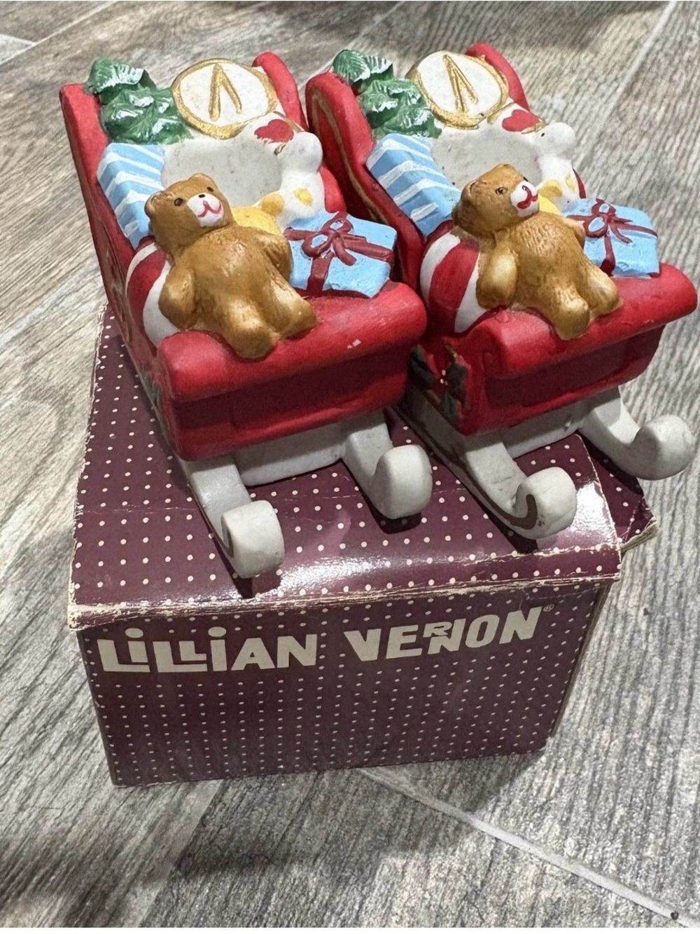 Vintage Lillian Vernon Porcelain Santa Sleigh Christmas Taper Candle Holders Box